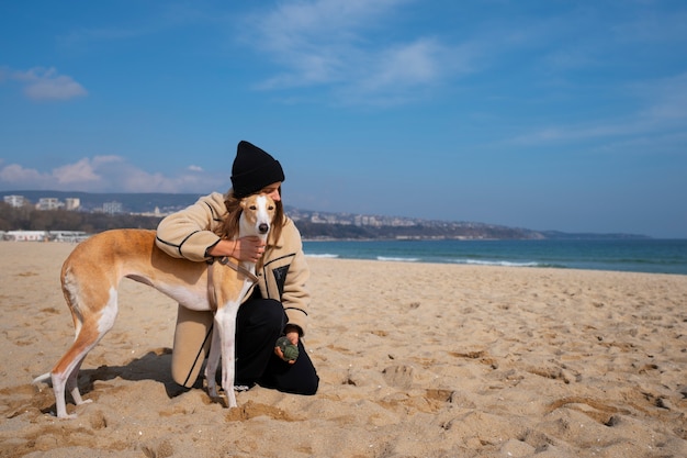 Chien Greyhound avec femme propriétaire à la plage