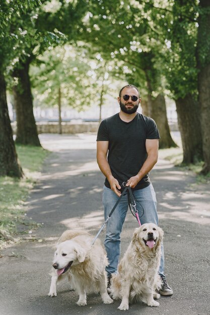 Chien-guide aidant un aveugle dans la ville. Beau mec aveugle se repose avec golden retriever dans la ville.