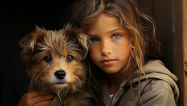 Photo gratuite chien mignon petit enfant fille souriante amitié extérieure générée par l'intelligence artificielle