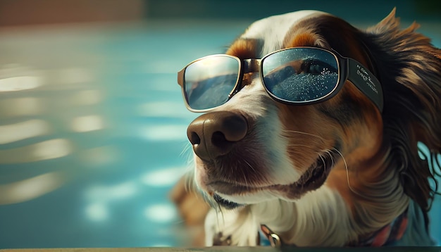 Photo gratuite un chien mignon portant des lunettes de soleil sourit à l'extérieur au bord de la piscine ia générative