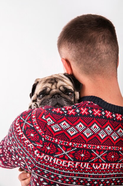 Chien mignon tenue par le propriétaire