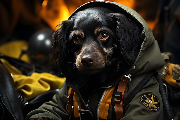 Photo gratuite le chien noir dans le fond de l'équipement de randonnée