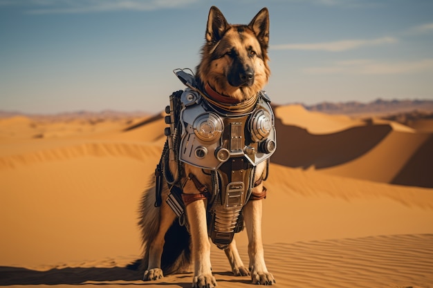 Un chien de style futuriste dans le désert