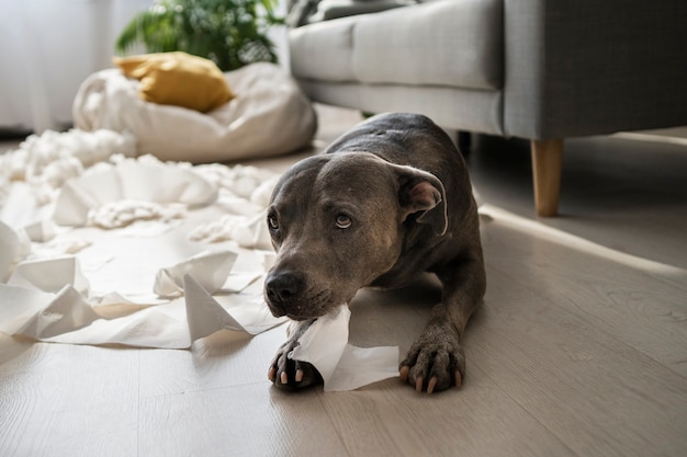 Photo gratuite chien triste grand angle jouant avec du papier toilette