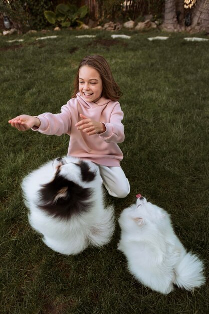 Chiens de haute vue jouant avec une fille