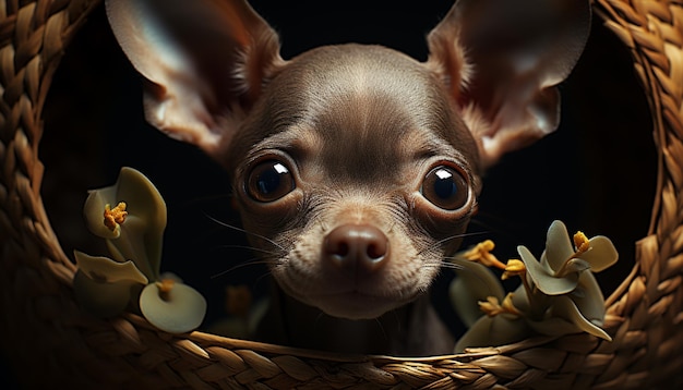 Photo gratuite chiot mignon assis dans un panier regardant une fleur générée par l'intelligence artificielle