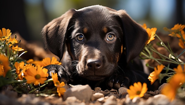 Photo gratuite chiot mignon assis sur l'herbe regardant la caméra avec une amitié générée par l'intelligence artificielle