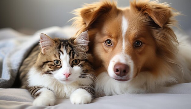 Un chiot mignon et un chaton moelleux jouent ensemble sur un lit confortable généré par l'intelligence artificielle