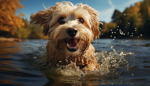 Chiot mignon jouant dans l'eau, fourrure mouillée, joyeuse et ludique générée par l'intelligence artificielle