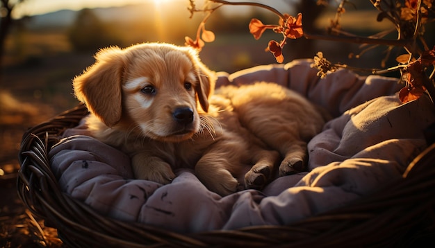 Chiot mignon jouant dans l'herbe profitant de la beauté de la nature générée par l'intelligence artificielle