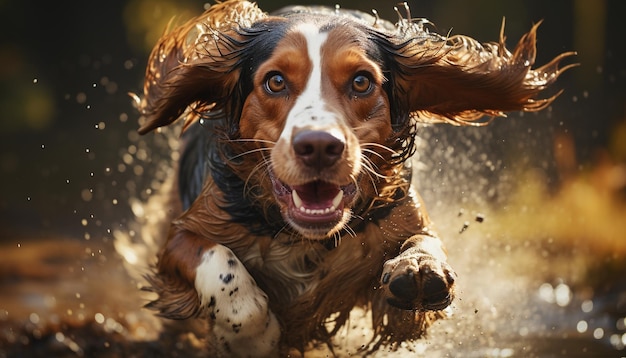 Photo gratuite un chiot mouillé jouant sous la pluie regardant la caméra générée par l'intelligence artificielle