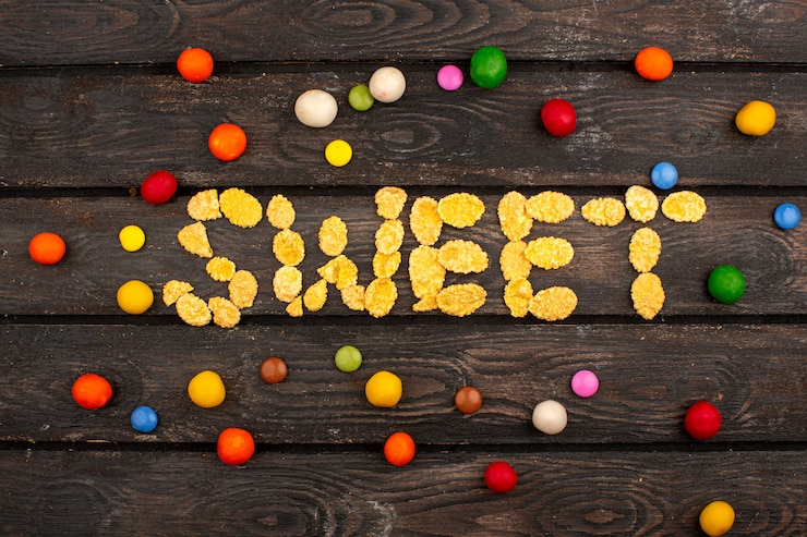 Photo gratuit chips et bonbons salés savoureux mot sucré sur le bureau en bois rustique brun