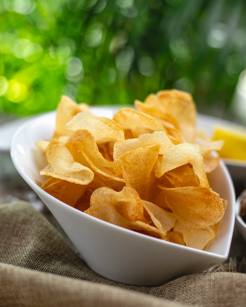 Chips de pommes de terre dans une assiette blanche