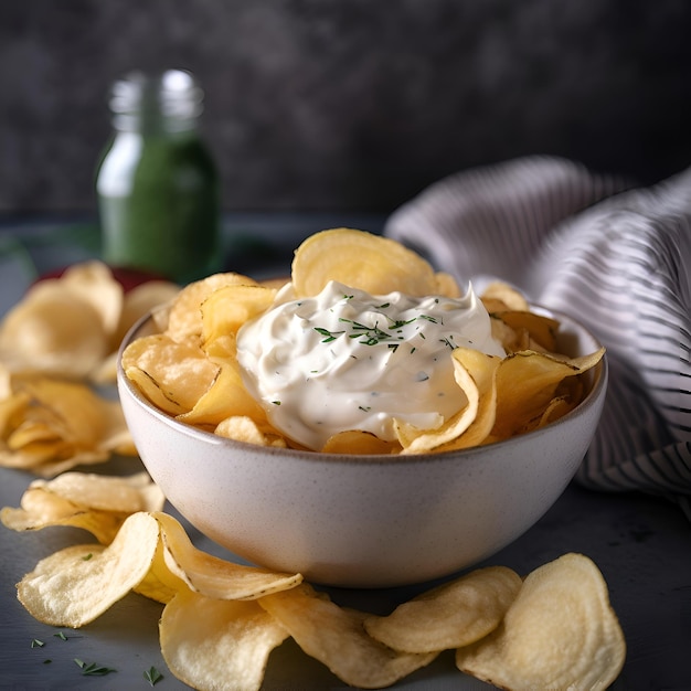 Photo gratuite des chips de pommes de terre avec de la sauce à la crème sure dans un bol de concentration sélective