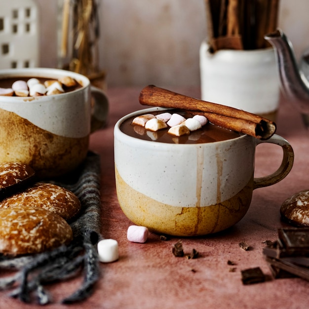 Chocolat chaud avec des bâtons de cannelle photographie alimentaire de vacances