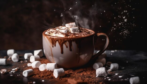 Chocolat chaud gourmand avec guimauve et cookie généré par l'IA