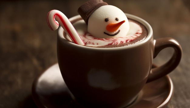 Un chocolat chaud réchauffe le cœur d'un bonhomme de neige généré par l'IA