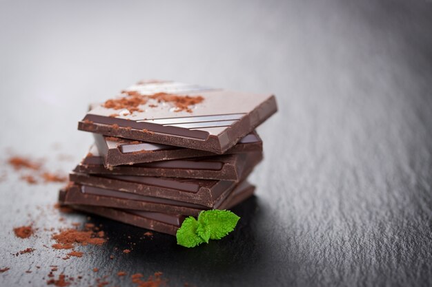 Le chocolat noir avec des plantes aromatiques et de poudre de cacao