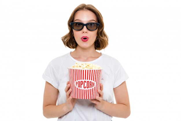 Choqué, caucasien, tenue femme, pop corn, porter, 3d, lunettes