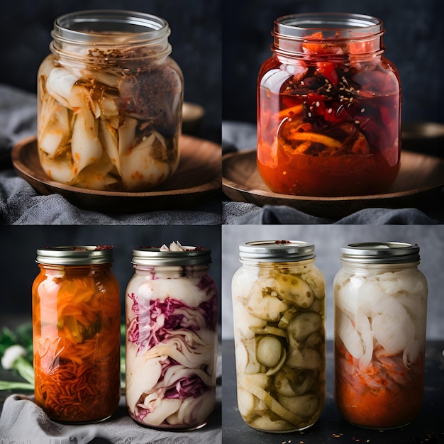 Photo gratuite chou fermenté fermenté dans des bocaux en verre concept d'aliments fermentés