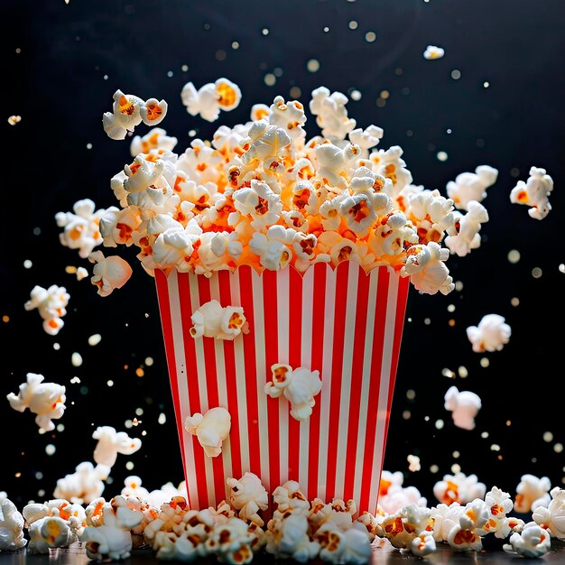 Chute du pop-corn dans une boîte à rayures rouges et blanches sur fond noir