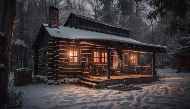 Chutes de neige nocturnes sur un vieux cottage dans les bois générées par l'IA