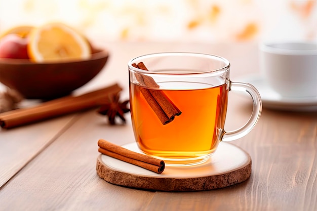 Cider de pomme chaud avec des bâtons de cannelle, des clous de girofle et de l'anis sur une table en bois