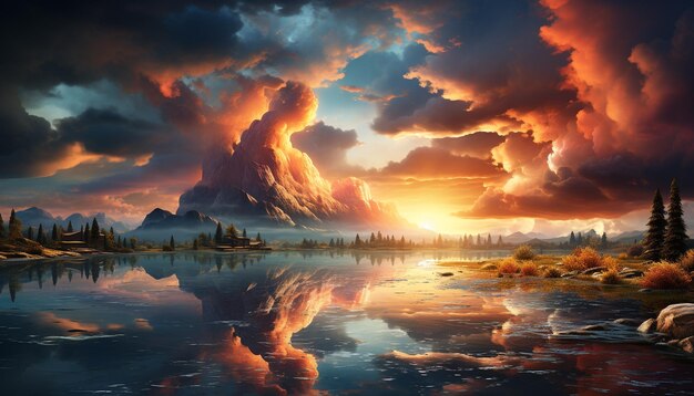 Le ciel au coucher du soleil reflète la beauté de la scène tranquille de la nature au-dessus de l'eau générée par l'intelligence artificielle