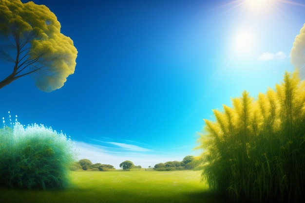 Un ciel bleu avec quelques nuages et un champ vert avec des arbres et un ciel bleu.