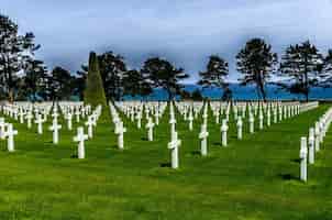 Photo gratuite cimetière avec croix en pierre blanche entouré d'arbres verts sous le ciel nuageux