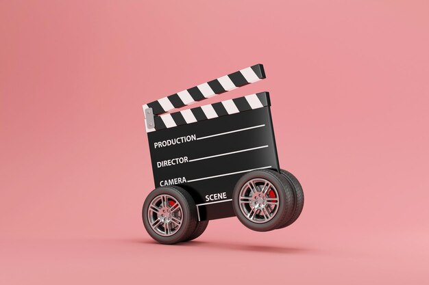 Cinéma clap on wheels sur fond de studio rose