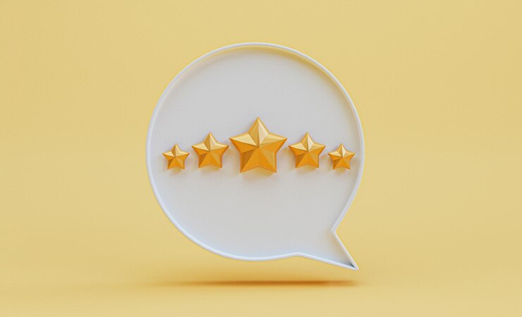 Cinq étoiles dorées à l'intérieur de la boîte de message blanche pour une excellente évaluation du client par rendu 3d
