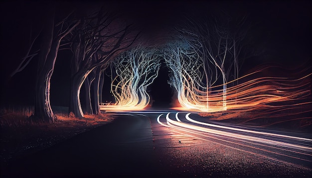 Photo gratuite la circulation nocturne accélère à travers un tunnel forestier rougeoyant ia générative