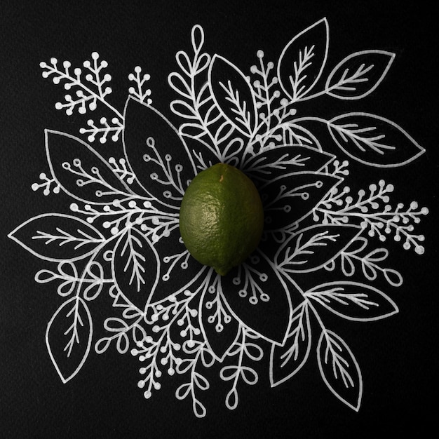 Photo gratuite citron vert sur contour floral dessiné à la main