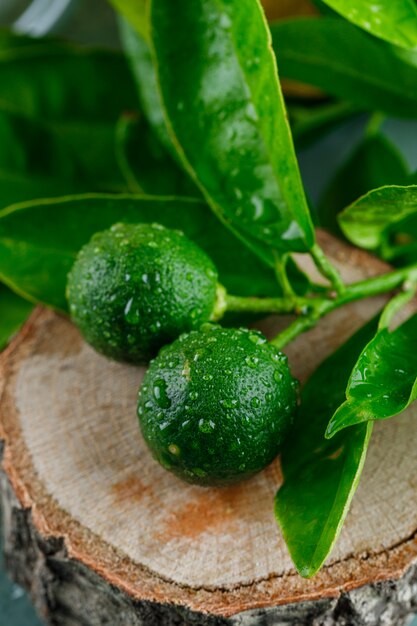 Citrons crus sur une planche de bois avec gros plan de feuilles