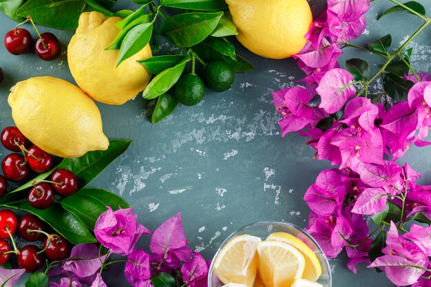 Citrons avec feuilles, tranches, fleurs, cerises sur la surface du plâtre