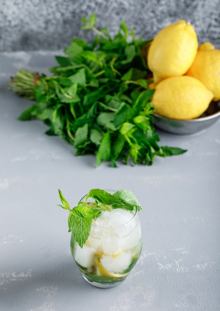 Photo gratuite citrons et menthe avec de l'eau détox glacée dans un bol sur la surface de grunge et de plâtre