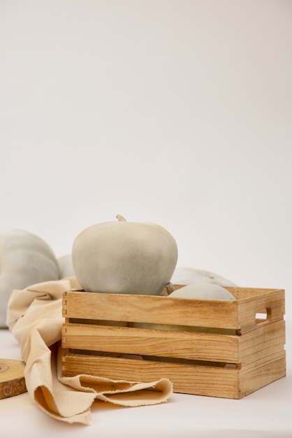 Citrouilles blanches et boîte en bois