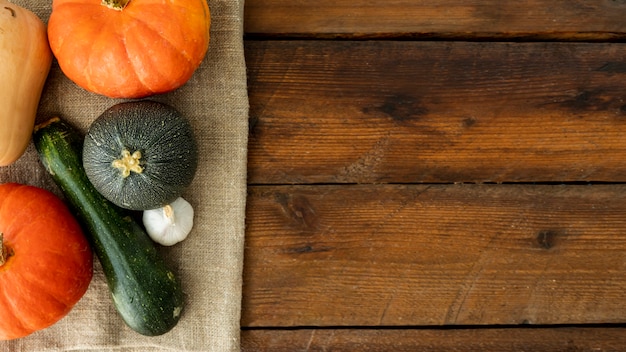 Photo gratuite citrouilles colorées vue de dessus sur le tissu avec espace de copie