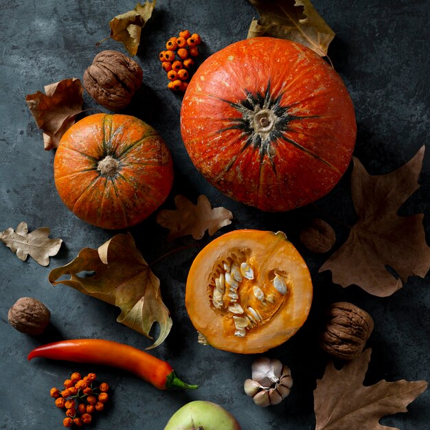 Citrouilles à plat et feuilles d'automne