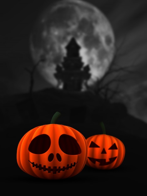 Photo gratuite citrouilles spooky 3d dans le paysage du château hanté