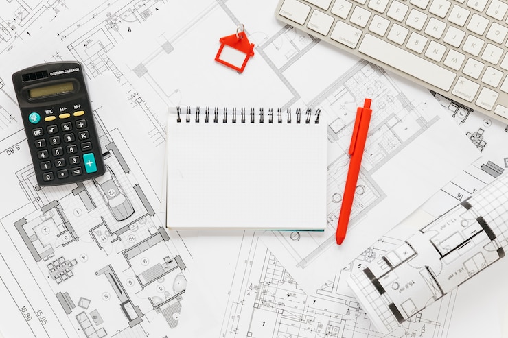 Photo gratuit clavier; agenda et calculatrice sur fond de plan