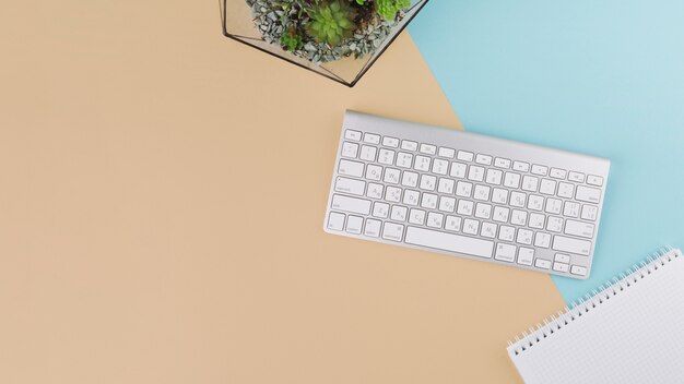 Clavier avec carnet et plante