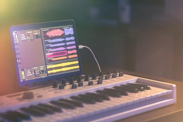 Clavier musical et tablette dans une production musicale dans une pièce sombre