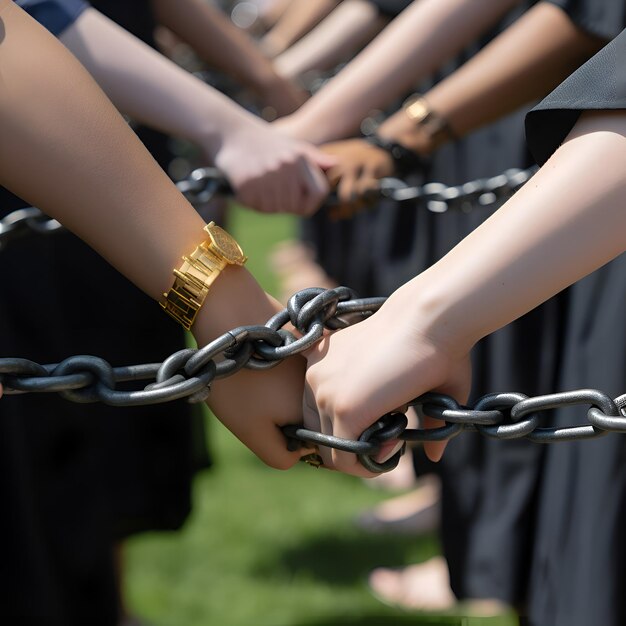 Close-up des mains liées avec des chaînes sur le fond des étudiants