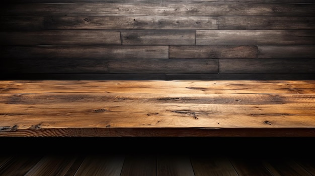 Close up of top Table en bois dans le concept de fond de mur sombre pour la publicité Generative Ai