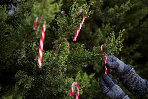 Close-up personne avec des gants décorant le sapin de Noël