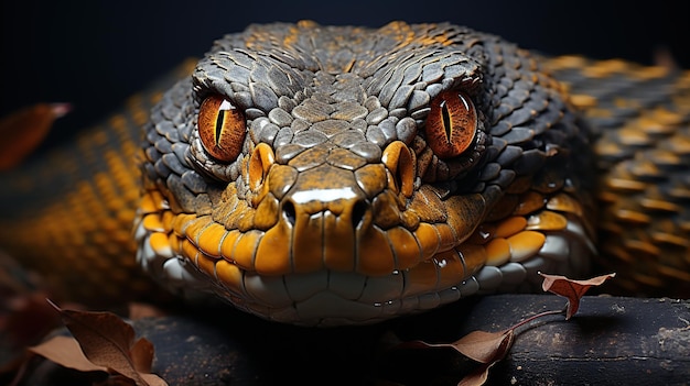 Photo gratuite closeup portrait d'un serpent aux yeux jaunes et fond noir
