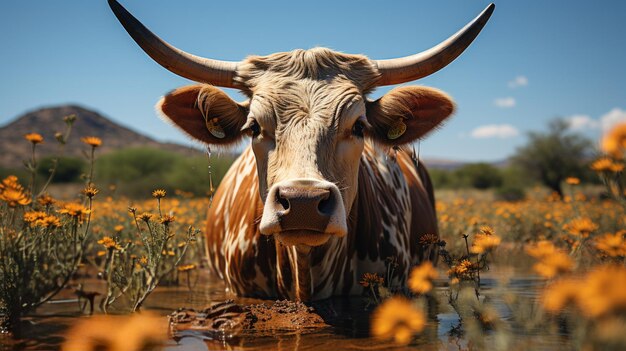 Closeup portrait d'une vache brune avec de grandes cornes dans le domaine