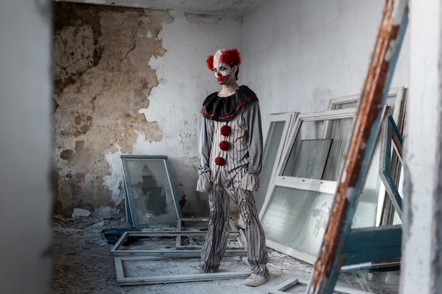 Photo gratuite clown effrayant plein coup dans un bâtiment abandonné